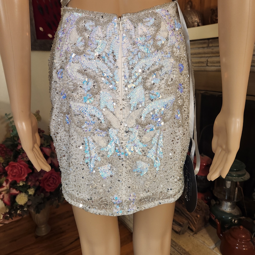 Sequin Embellished White Mini Dress with Spaghetti Straps - Picture 10 of 15